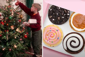 On the left, Kevin from Home Alone decorating a Christmas tree, and on the right, a box of Crumbl cookies