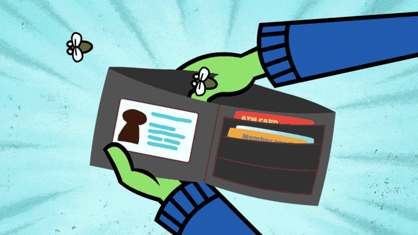 An animation of someone opening their wallet and flies coming out