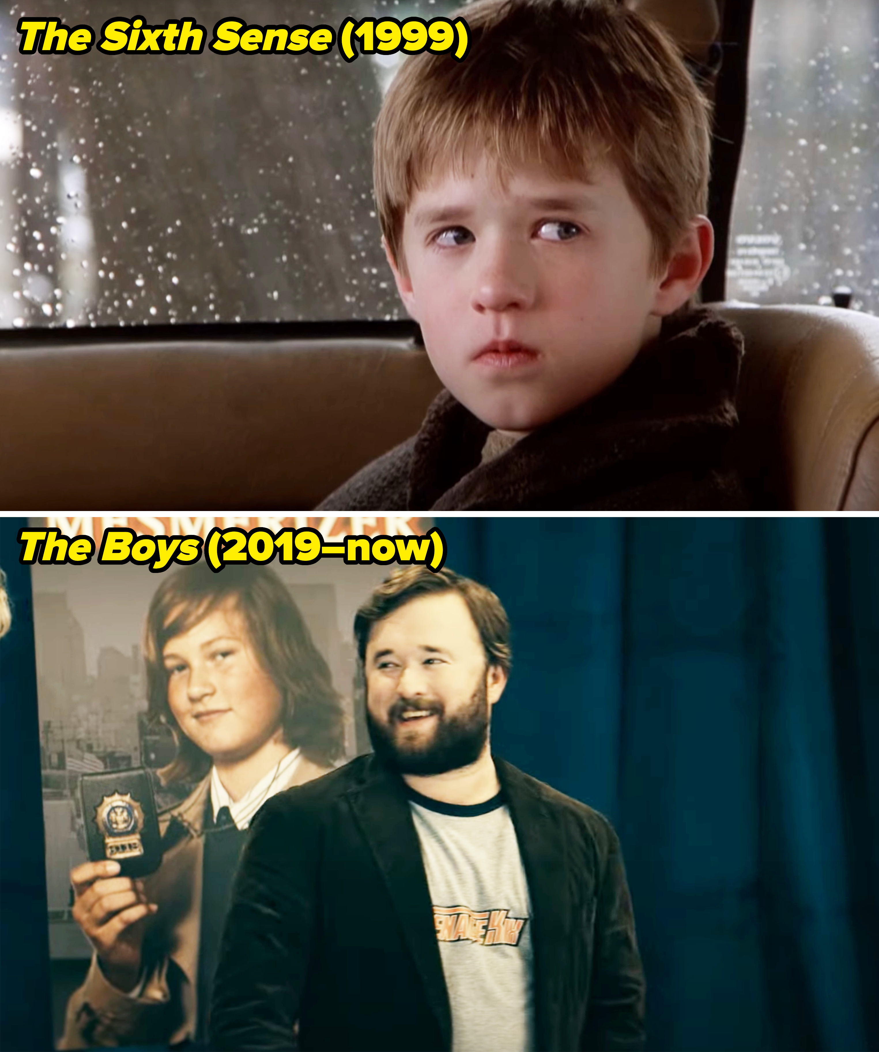 closeup of him acting as a child and then recently on the show the boys