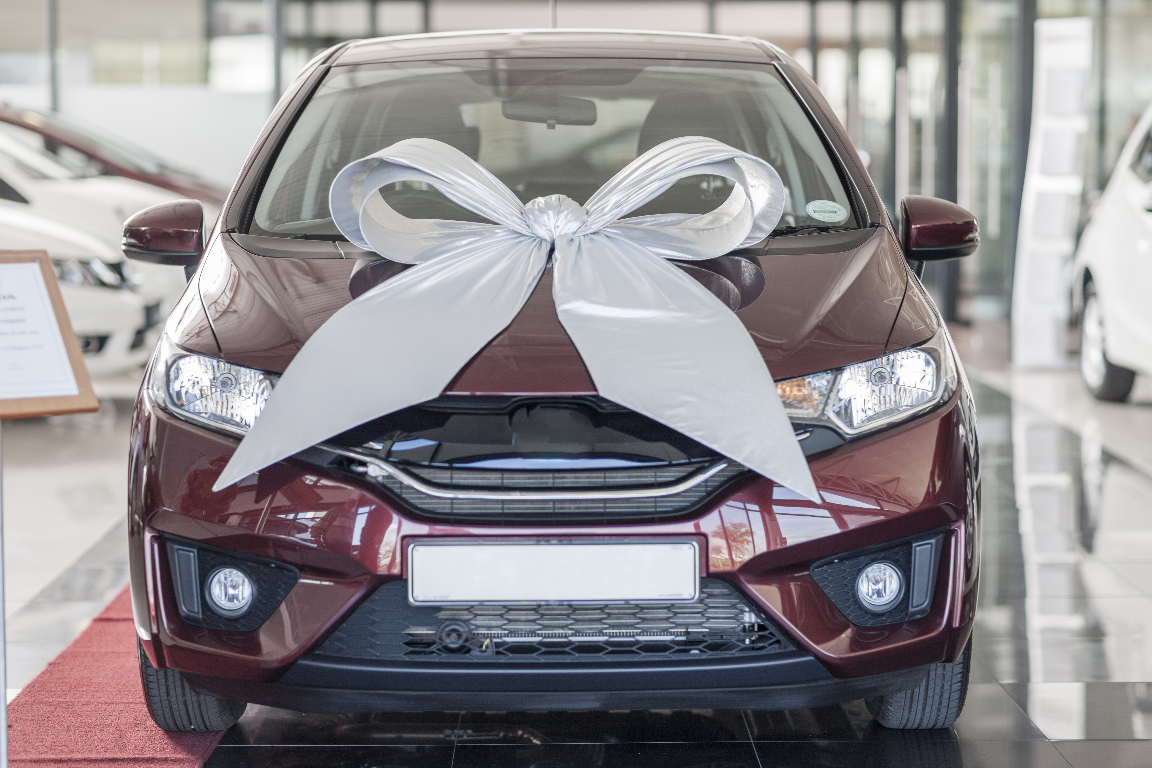 A brand-new car with a large ribbon on it