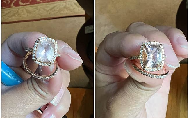 L:  a reviewer holding a cloudy diamond ring, R: the same reviewer holding the same ring now clean