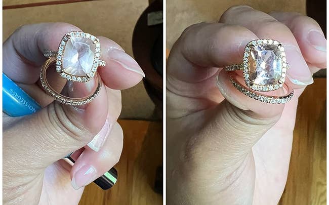 L:  a reviewer holding a cloudy diamond ring, R: the same reviewer holding the same ring now clean