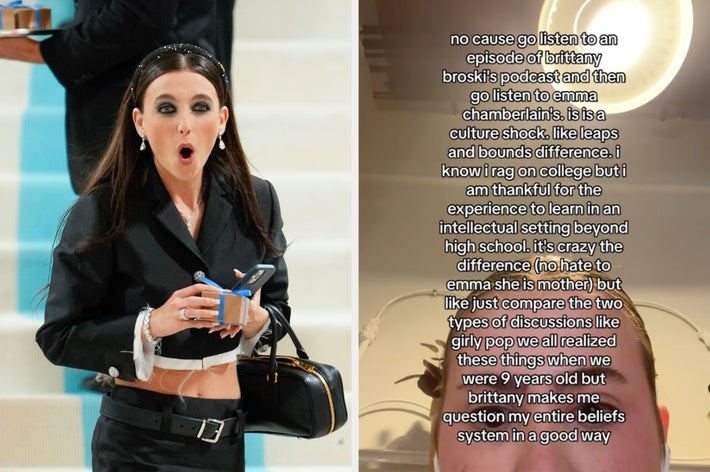 an image of emma chamberlain looking surprised on a red carpet; a screenshot of a tiktok with a lot of text about emma's podcast