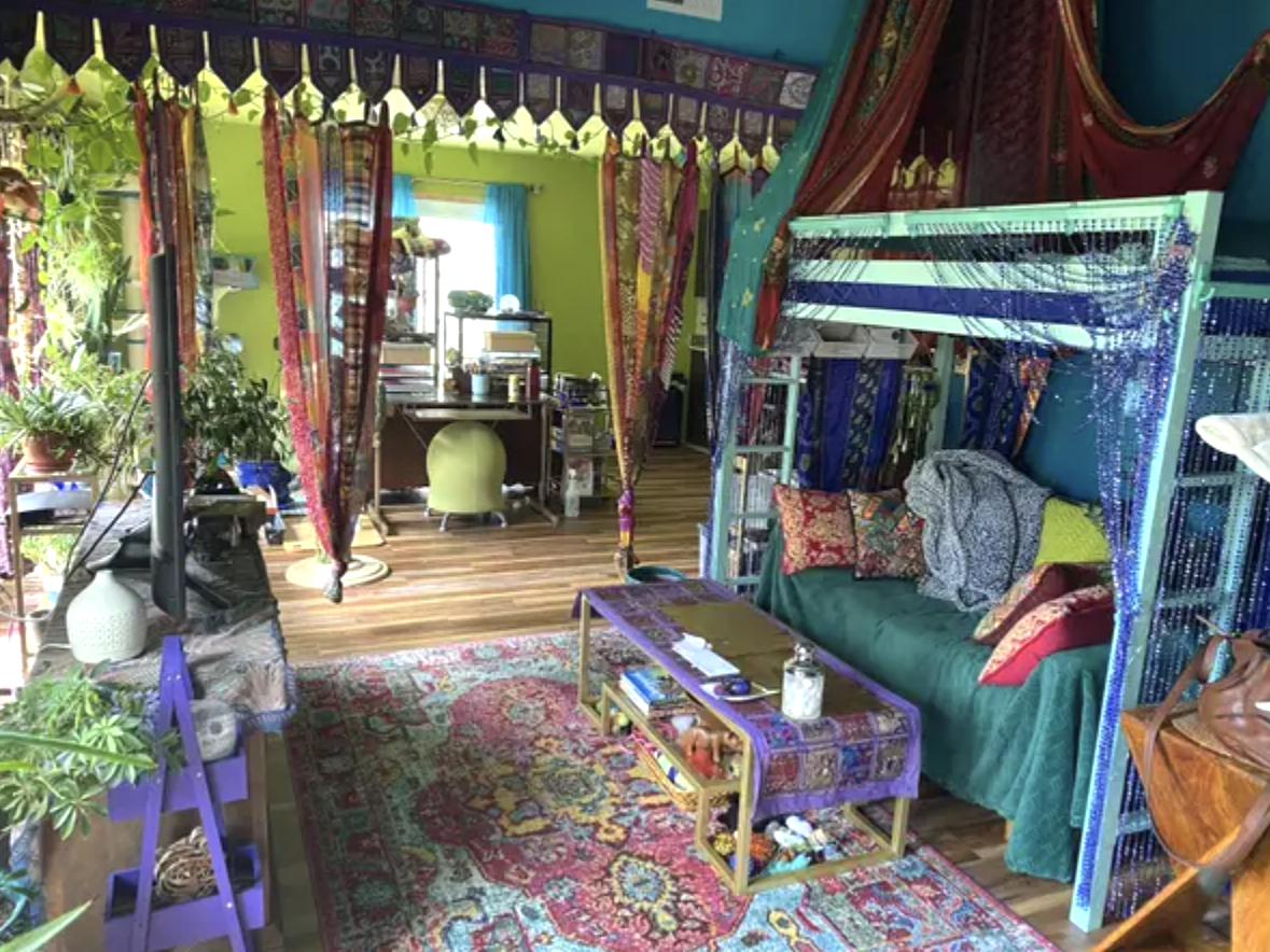 A brightly patterned room