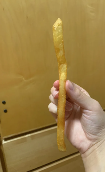 a hand holding a giant fry