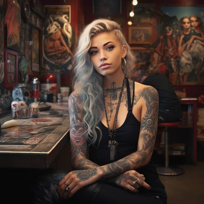 A woman with tattoos at her tattoo shop, with dyed white hair