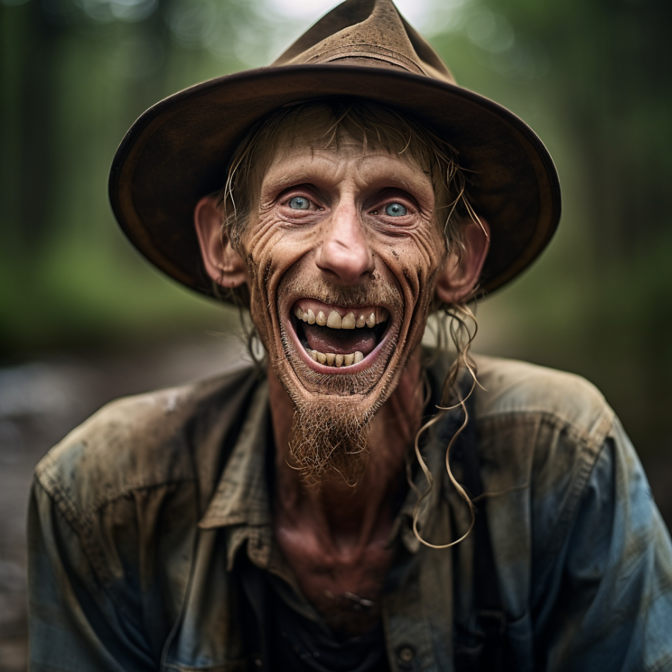 A Southern man in the woods with long hair, a hat, and a big smile while covered in mud