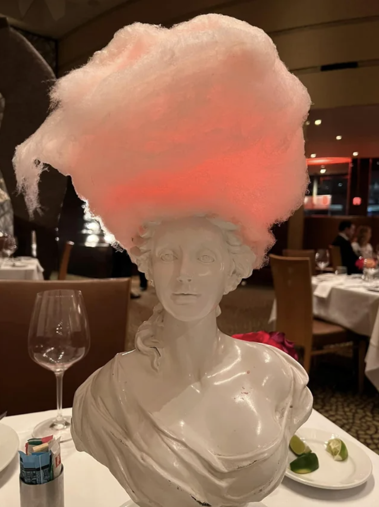 roman bust with hair made of cotton candy