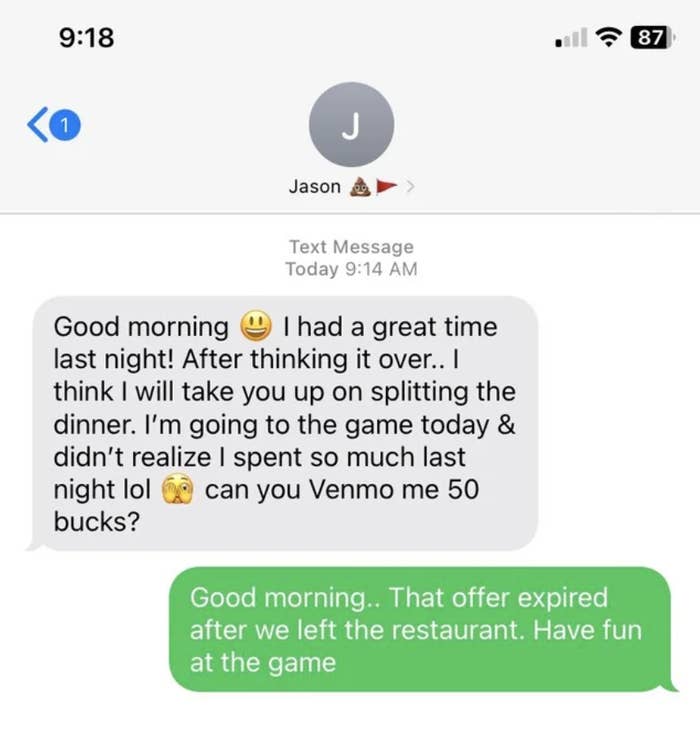 the date asking the other person if they could venmo them $50