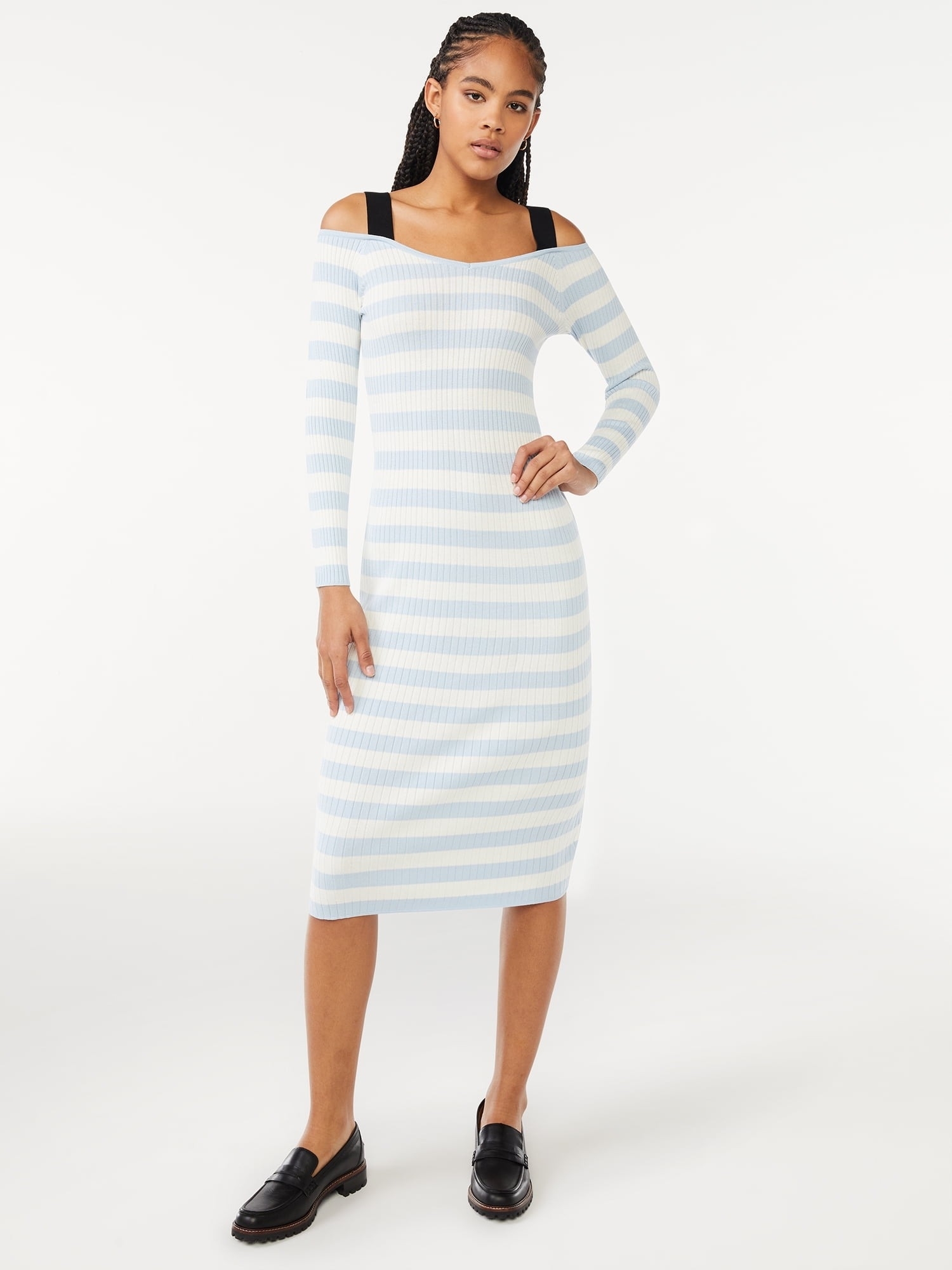 a model wearing the light blue and white striped dress