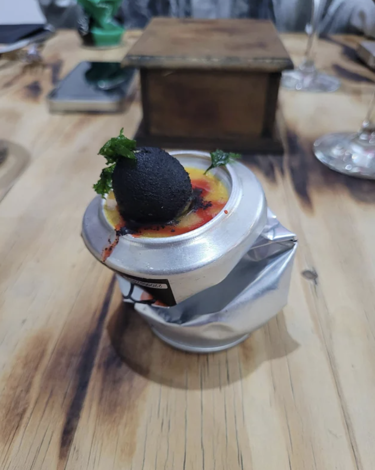 food served on top of a crushed can