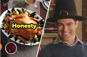 Turkey and Max Greenfield with a pilgram hat on.