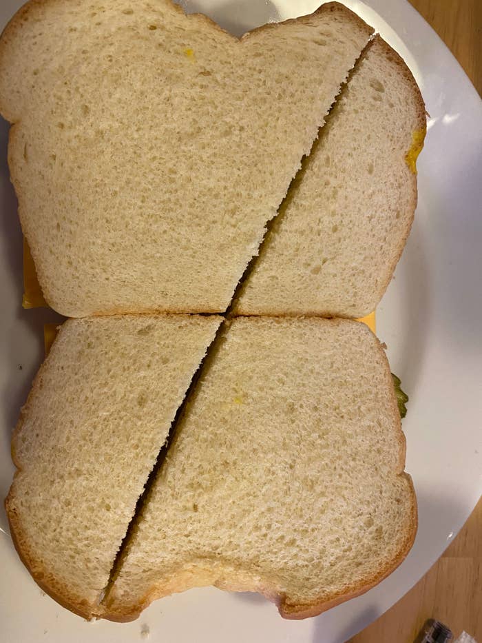 A sandwich cut at a diagonal, very off centered