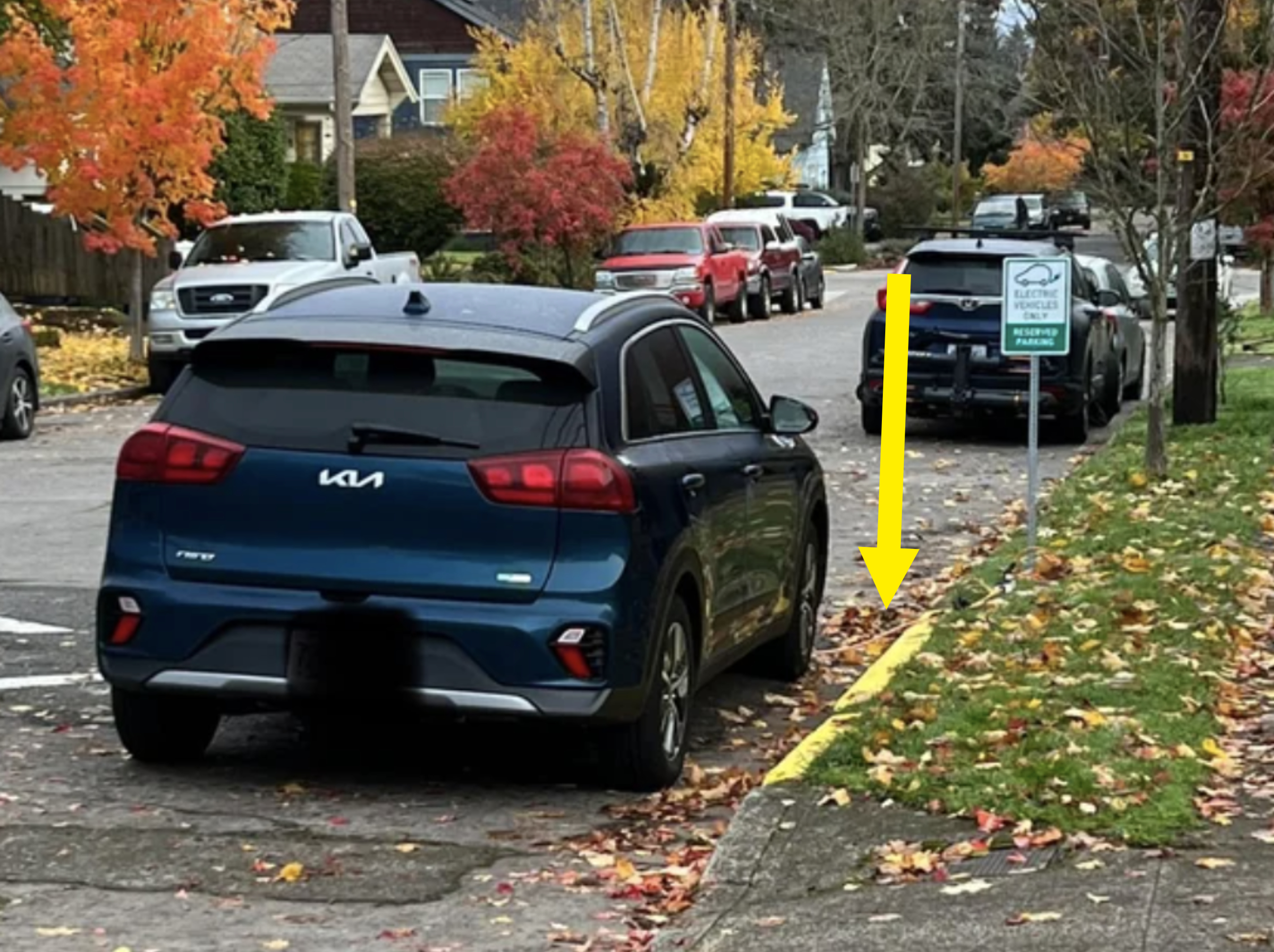 the sidewalk painted yellow and a sign telling others not to park there