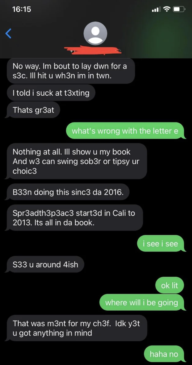 person replaces the letter e with the number 3