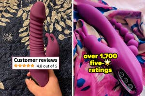 Reviewer holding purple thrusting rabbit vibrator and purple triple-stimulating vibrator on scarf