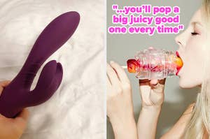 reviewer holding purple rabbit vibrator with kneading clitoral arm and model eating popsicle from interior of open-ended transparent masturbator sleeve