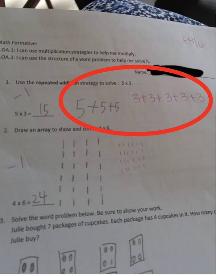 For a math problem asking to show work for 5 times 3, the student wrote plus 5 three times, while the teacher took a point off and corrected it to plus 3 five times