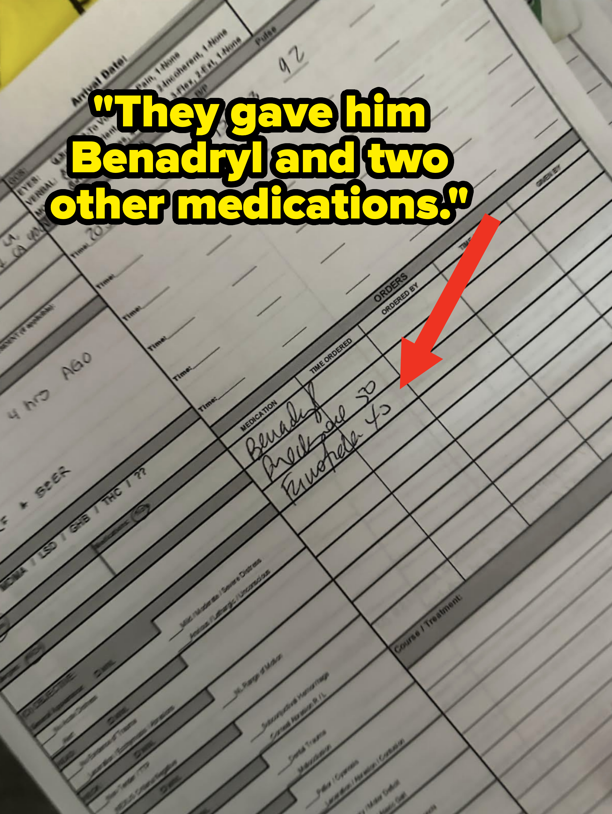 medical form with three medications written down including Benadryl