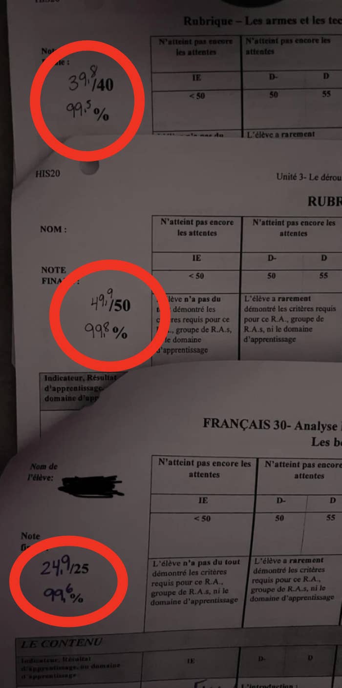 For students who get all questions right, the teacher for some reason takes off decimal points, marking them as 99.5% instead of 100%