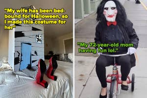 split image of two costumes for halloween on the left is a woman who is bed bound dressed up as the house that fell on dorothy and on the right is a mom dressed as jigsaw from the movie saw while riding a small bike