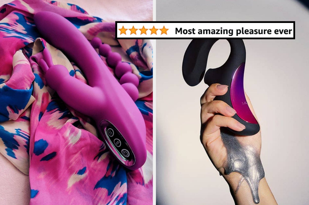 reviewer's pink triple-stimulating vibrator on pink and blue scarf and model holding black dual-stimulating vibrator