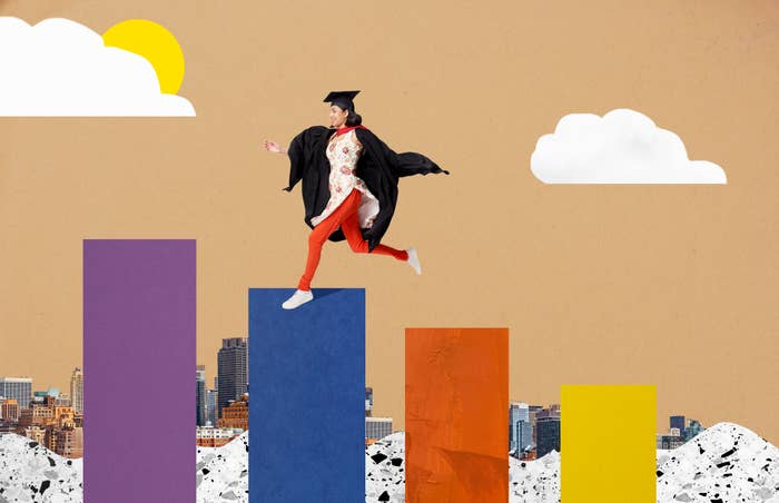 Collage of a graduate leaping up bar graphs