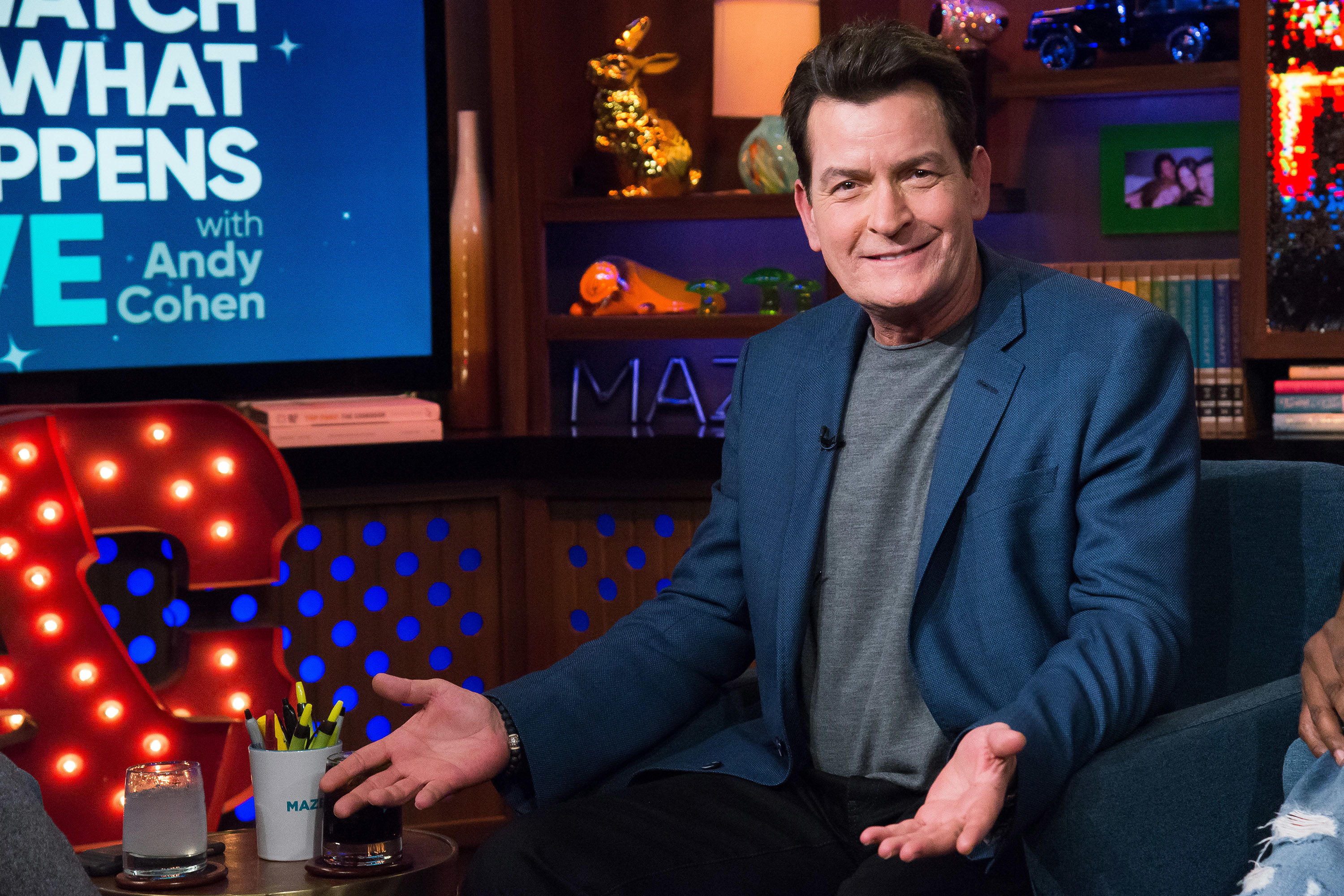 Closeup of Charlie Sheen on the set of Watch What Happens with Andy Cohen