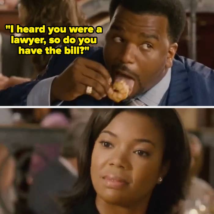 Man eating a shrimp on a date with caption &quot;I heard you were a lawyer, so do you have the bill?&quot; and a women making a disgusted face