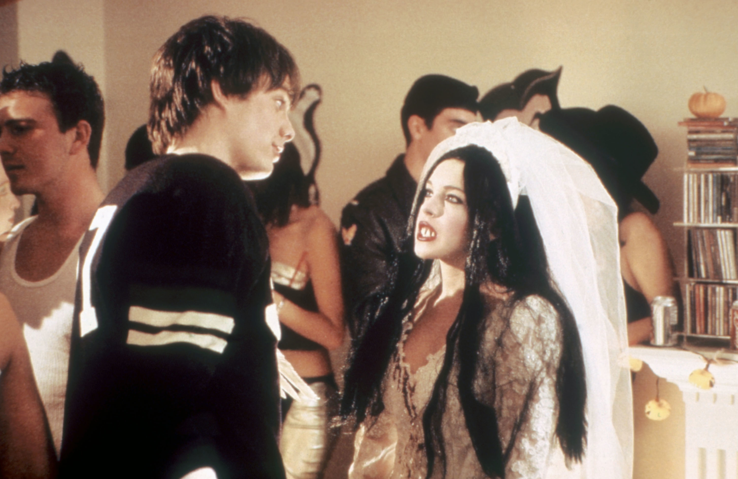 her talking to aaron while wearing the scary bride halloween costume
