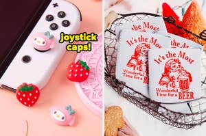 nintendo switch joystick caps / beer coozies that say "it's the most wonderful time for a beer"