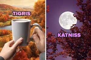 A cup of coffee in front of autumn leaves next to a separate image of a moon behind a dying tree