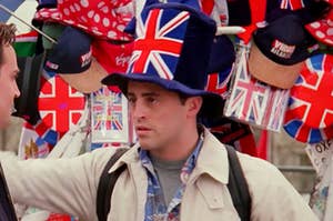 Joey from Friends wearing a Union Jack hat