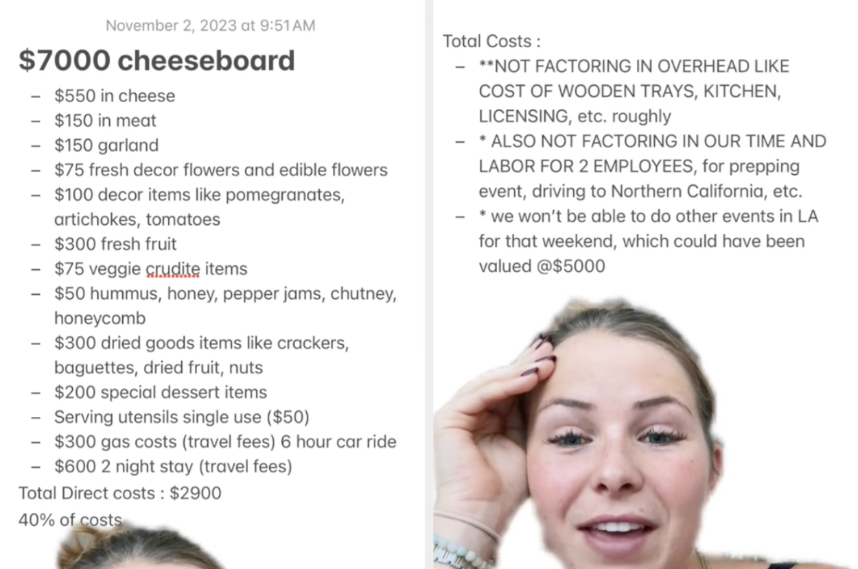 two screenshots from emmy&#x27;s tiktok of her notes app detailing the cost of every item