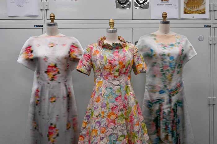 closeup of floral gowns