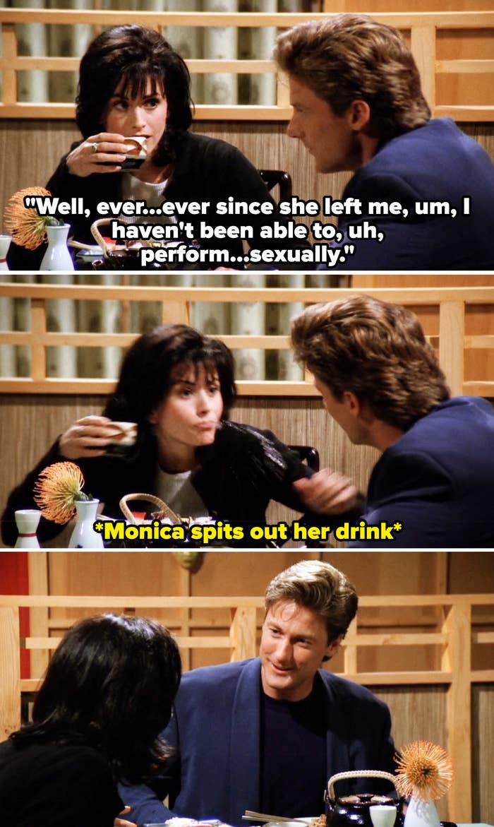 monica spitting out her drink during the date