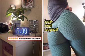 on left, lit digital alarm clock on white nightstand. on right, reviewer wearing blue ruched squat-proof leggings