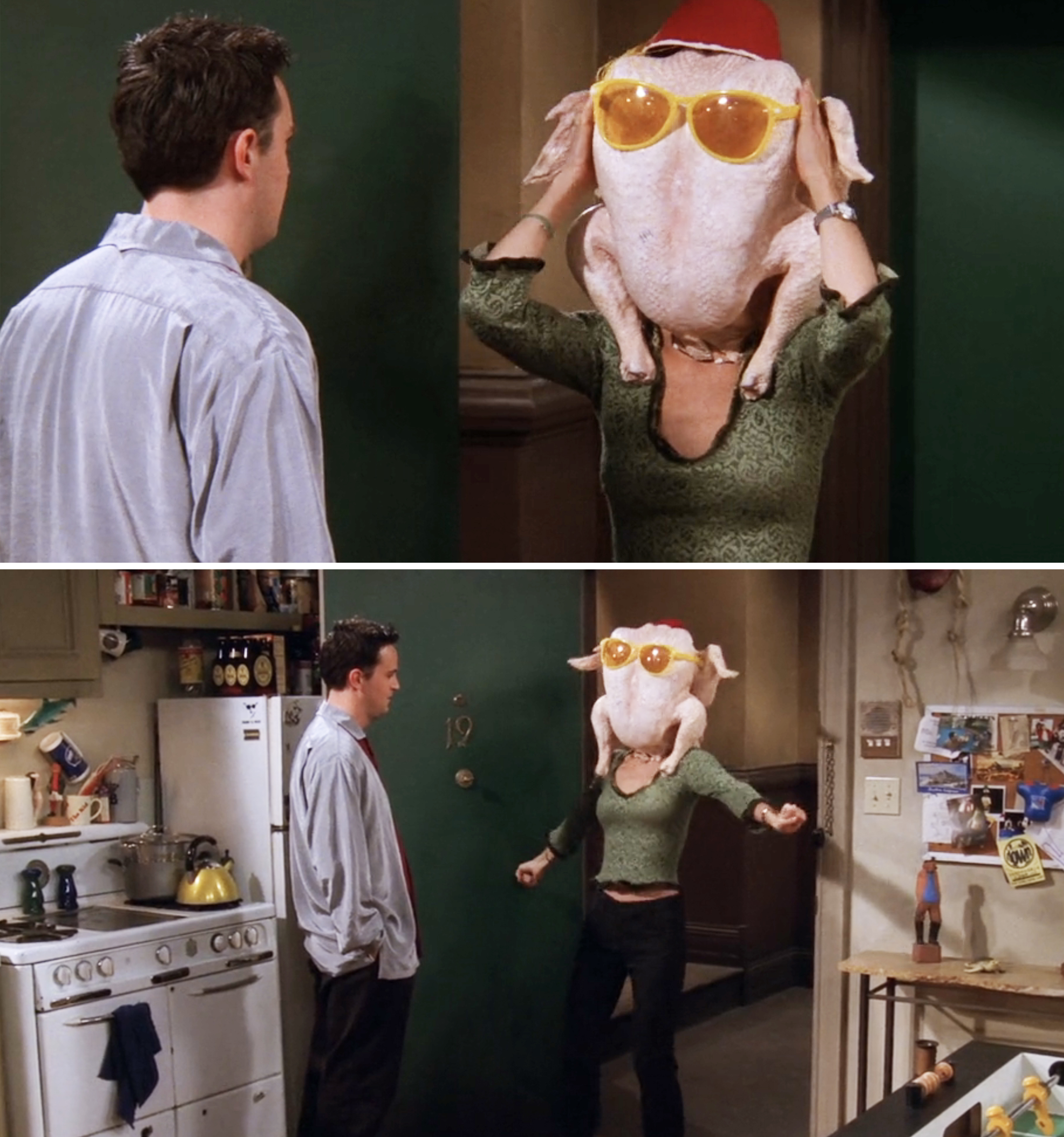 monica dancing with a turkey on her head
