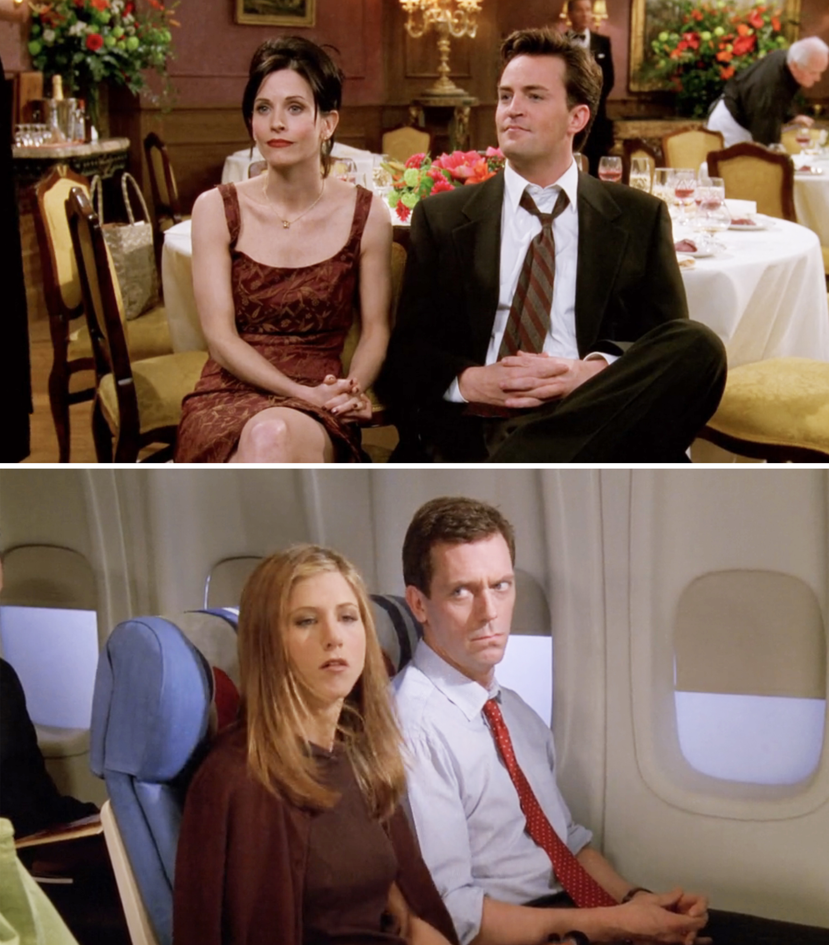 rachel sitting on a plane and monica and chandler at the wedding