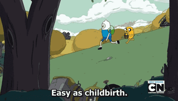 a gif of Jake and Finn from &quot;Adventure Time&quot; walking while Finn says &quot;Easy as childbirth.&quot;