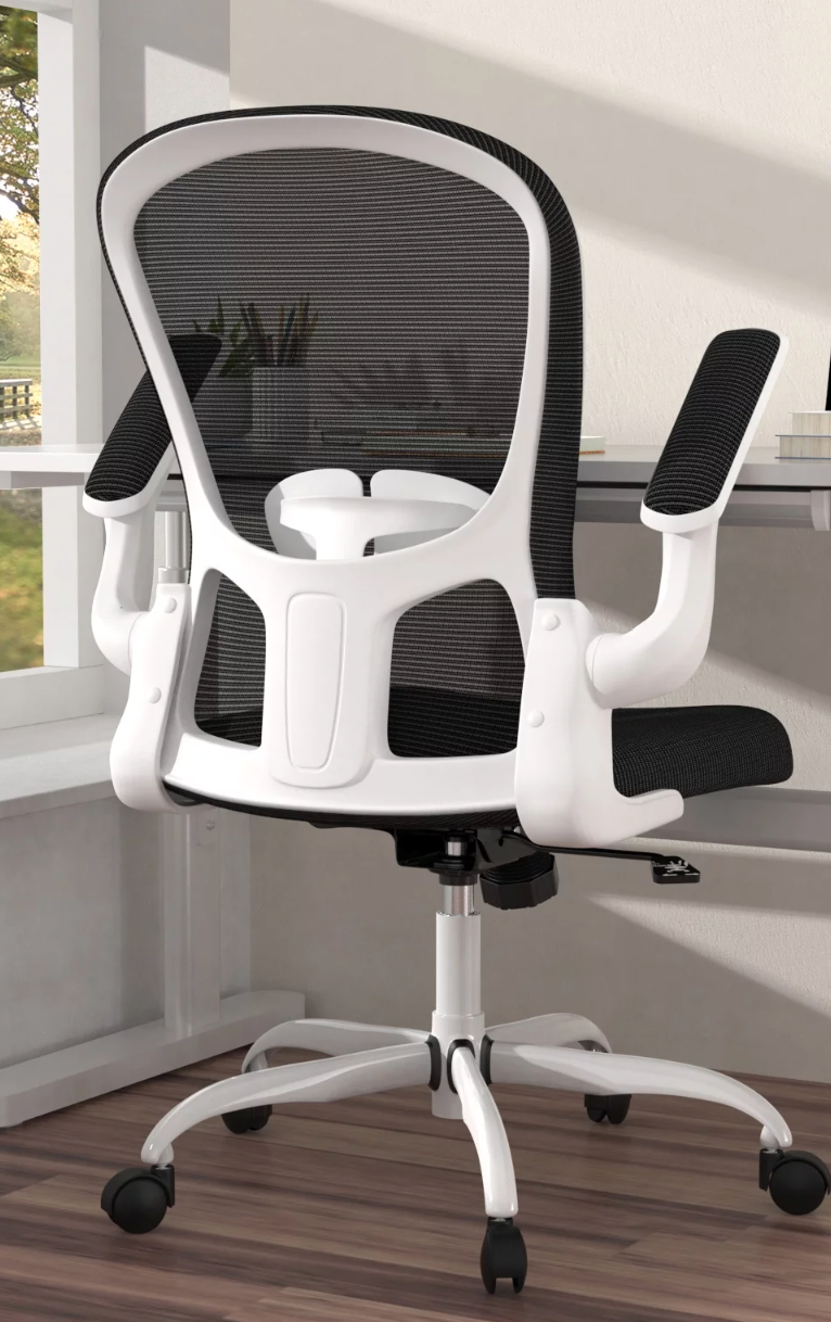 an ergonomic black and white office chair at a desk