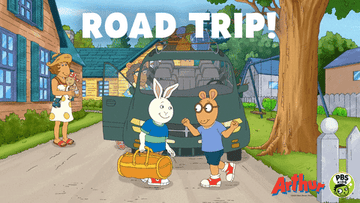 Arthur high-fiving Buster while his grandmother gets into a van with the caption &quot;Road Trip!&quot;