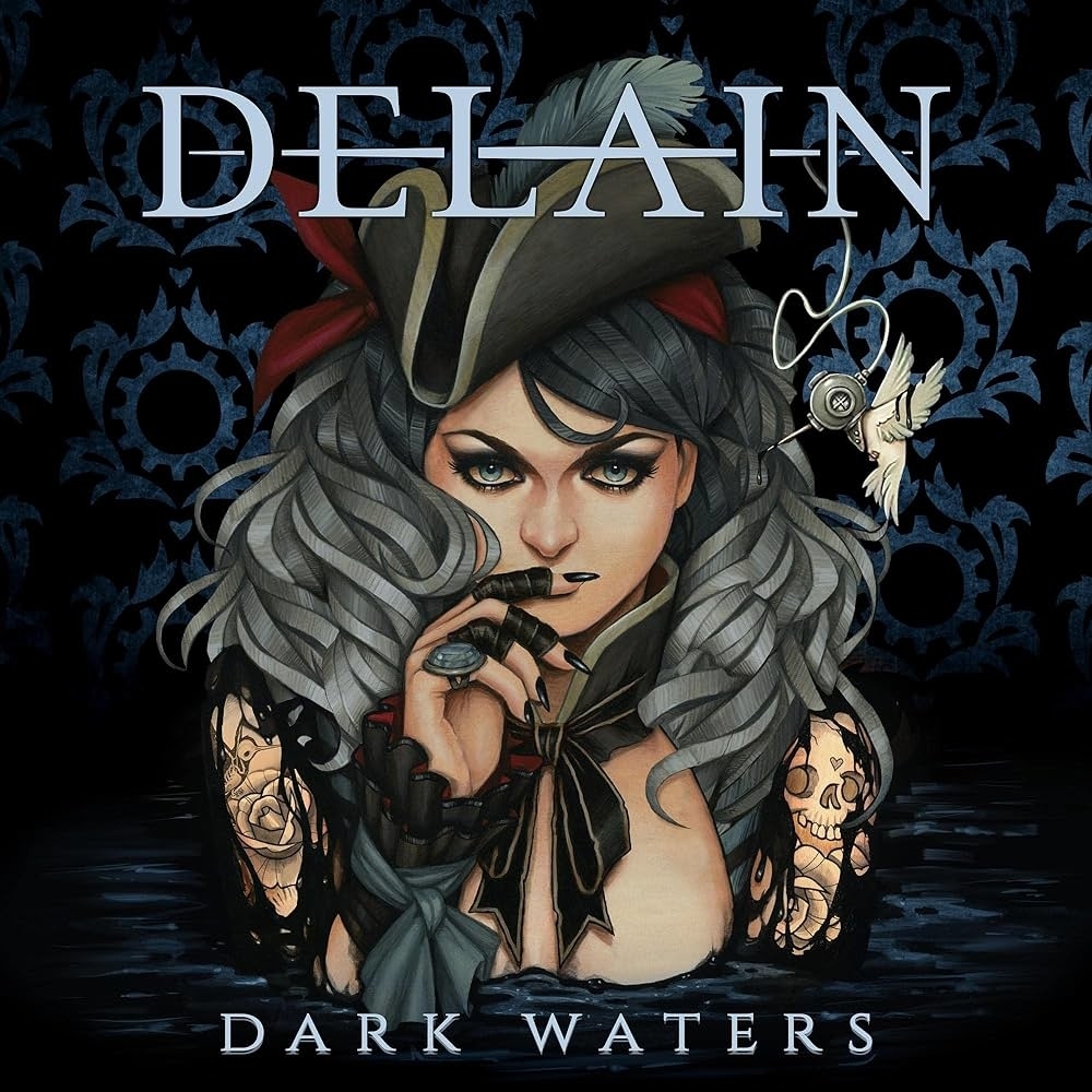 Album cover for Dark Waters by Delain showing an illustration of a woman emerging from water