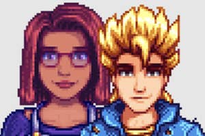 Two pixelated animated characters, a man and a woman, next to each other