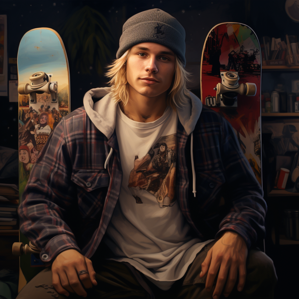 A blonde stoner bro with a beanie, sitting in front of two skateboards