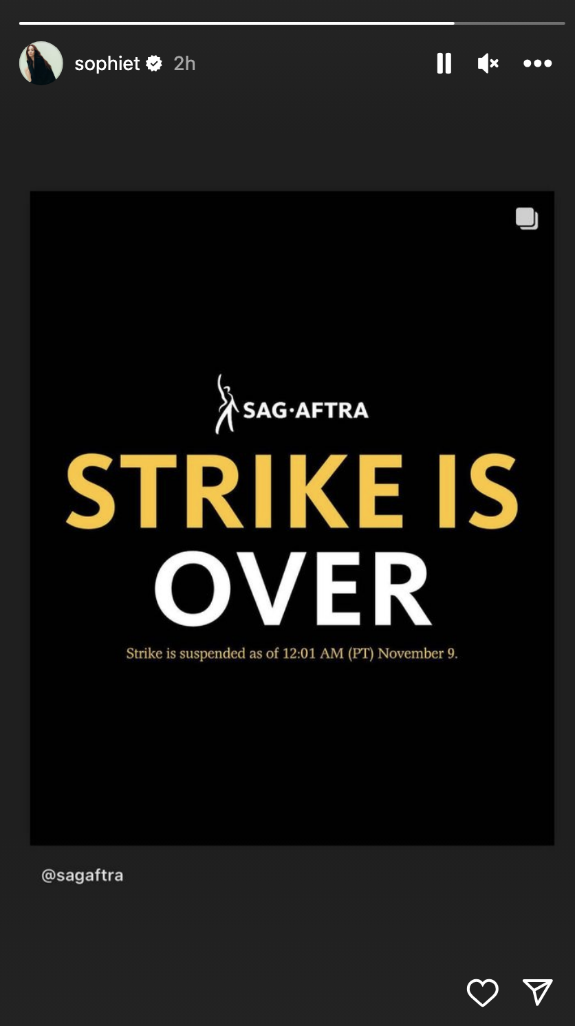 Screenshot of Sophie&#x27;s IG story with the statement, &quot;Strike is over&quot;