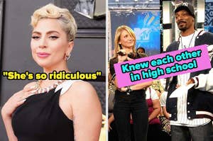 Lady Gaga with a quote that she's so ridiculous side by side with cameron diaz and snoop dogg with the fact that they knew each other in high school