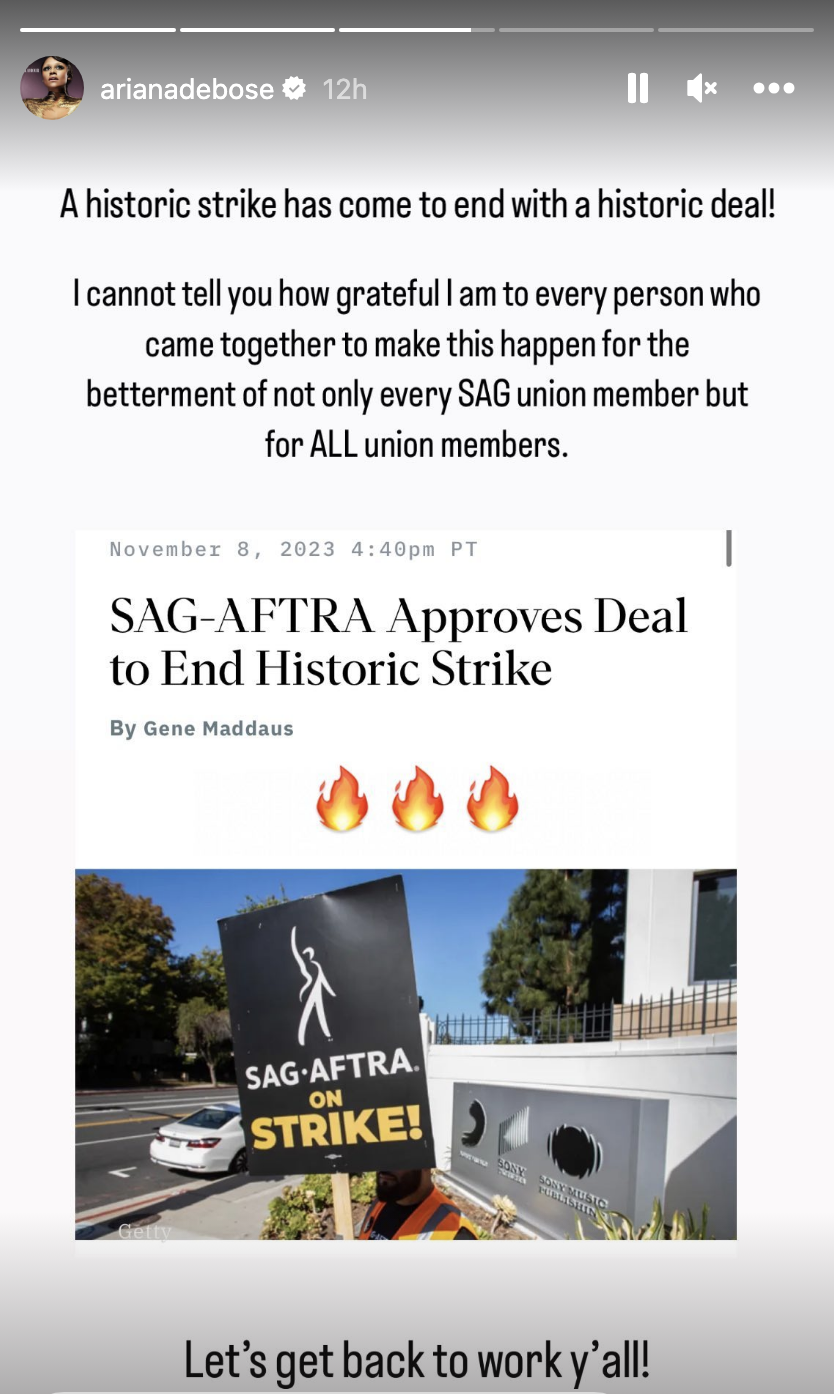 Ariana&#x27;s IG story statement with a headline about the strike ending