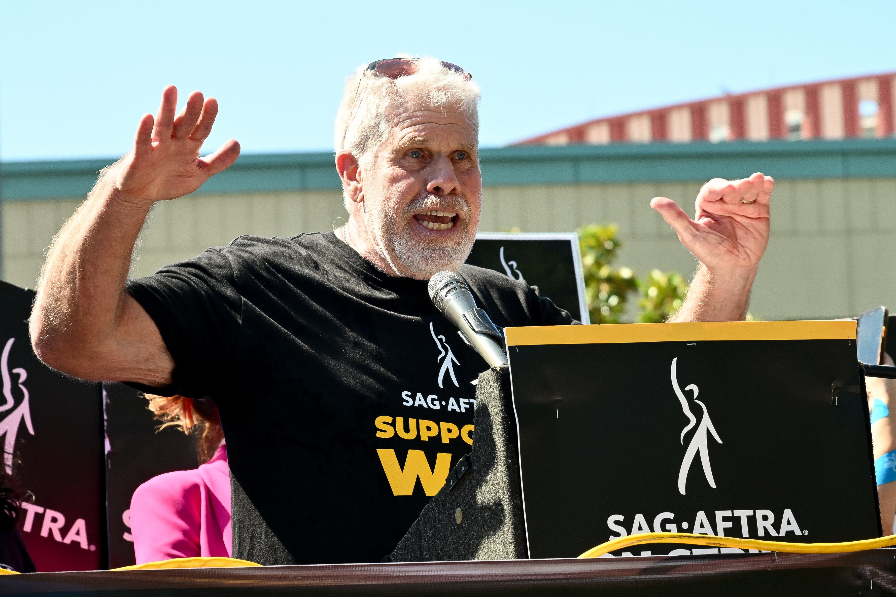 Ron Perlman addressing picketers