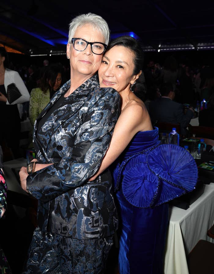 Closeup of Jamie Lee Curtis and Michelle Yeoh